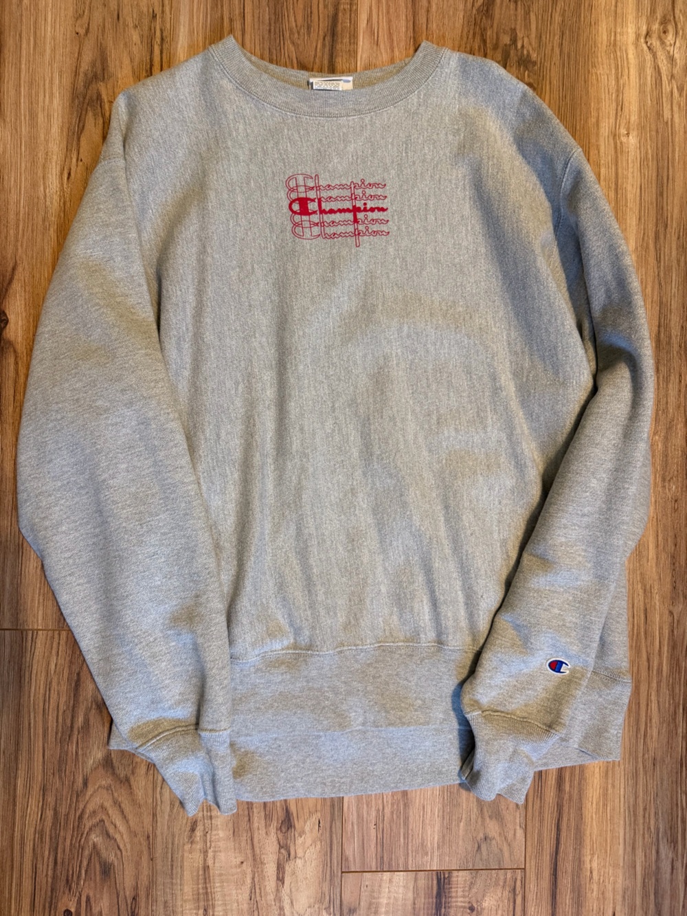 Champion Light Gray Crewneck Sweatshirt with Red Script Logo